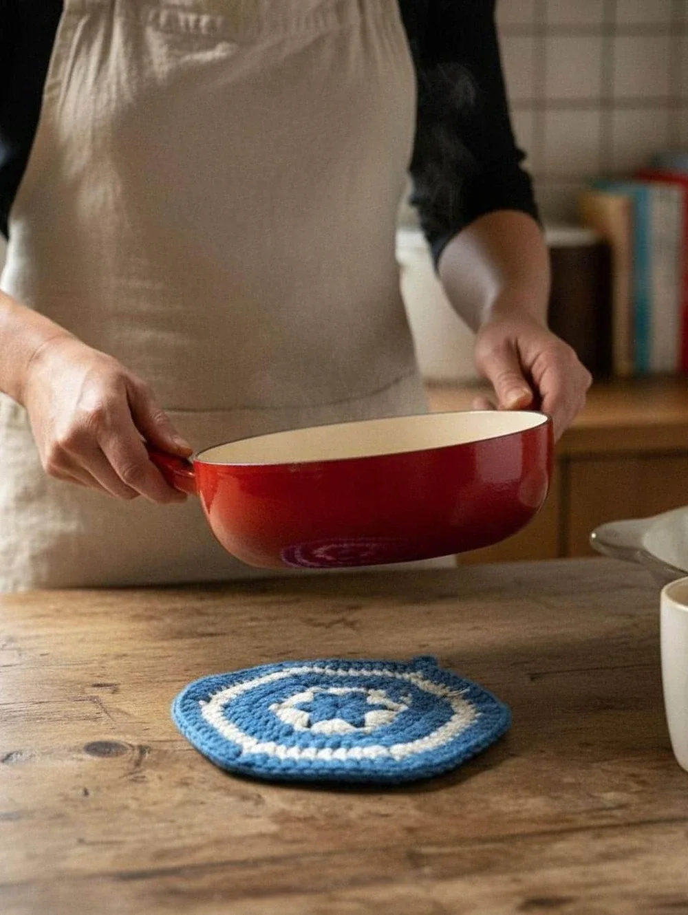 Handmade Trivet Vintage Blue White Crochet Hot Pad, Countertop Saver, Heat